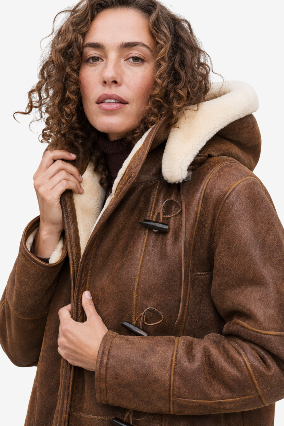 VALERIQUE | Manteau Effet Peau Lainée pour Femme – Capuche Fermetures à Brandebourgs Coupe Longue