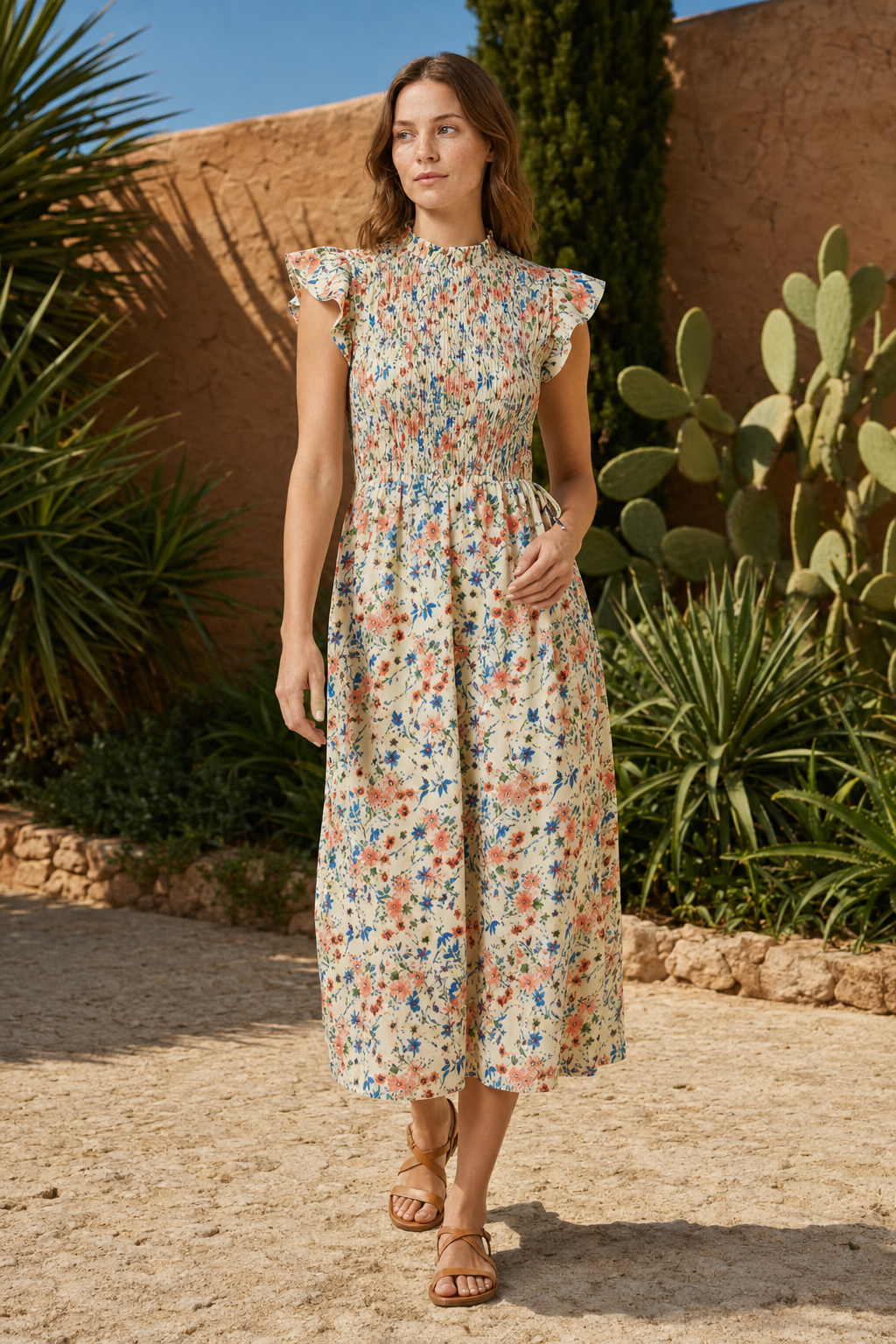 VALERIQUE | Robe Midi Fleurie pour Femme – Taille Smockée