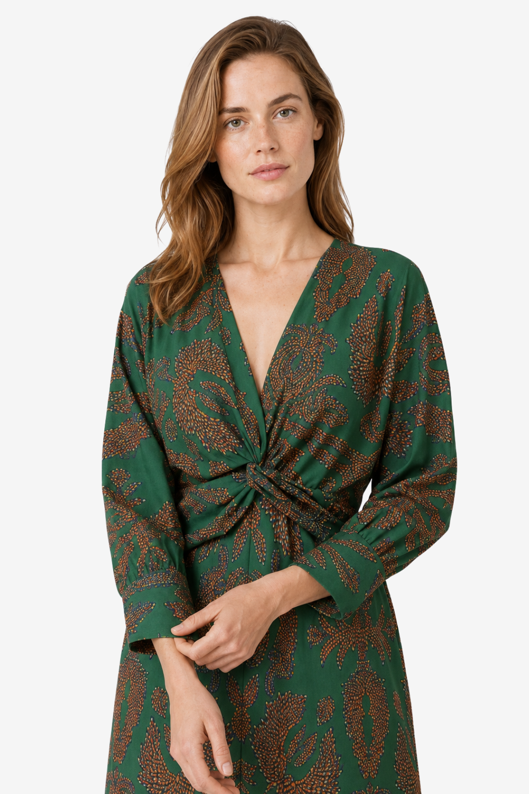 VALERIQUE | Robe Midi Portefeuille en Coton Léger à Imprimé Feuilles pour Femme – Col V