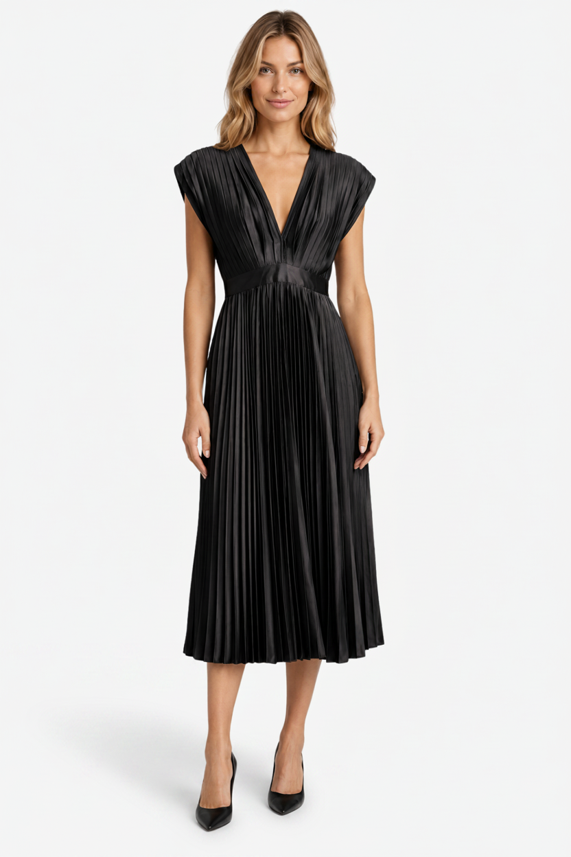 VALERIQUE | Femme Robe midi plissée coupe évasée col V style fluide