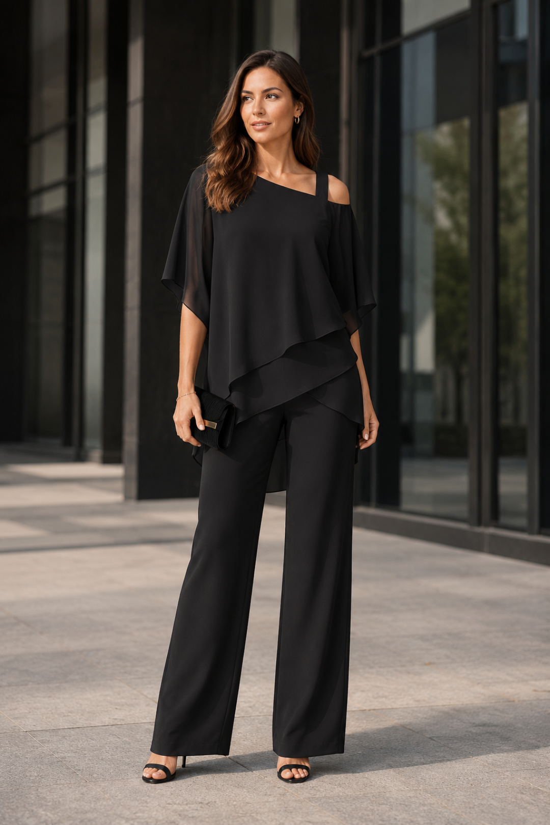 VALERIQUE | Ensemble Deux Pièces pour Femme – Haut Superposé Asymétrique Pantalon Large Design Élégant
