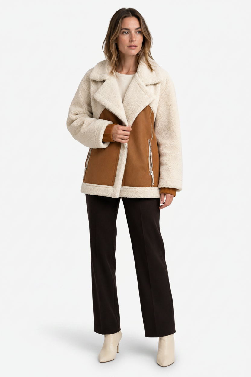 VALERIQUE | Veste Effet Peau Lainée pour Femme – Revers Oversize Panneaux Contrastants Fermeture Zippée