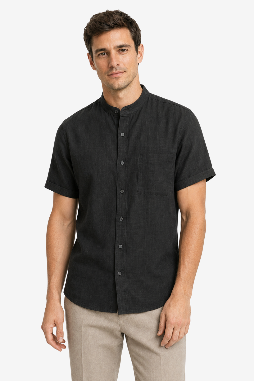 VALERIQUE | Homme chemise sauge en lin à manches courtes avec col officier et fermeture boutonnée pour usage quotidien