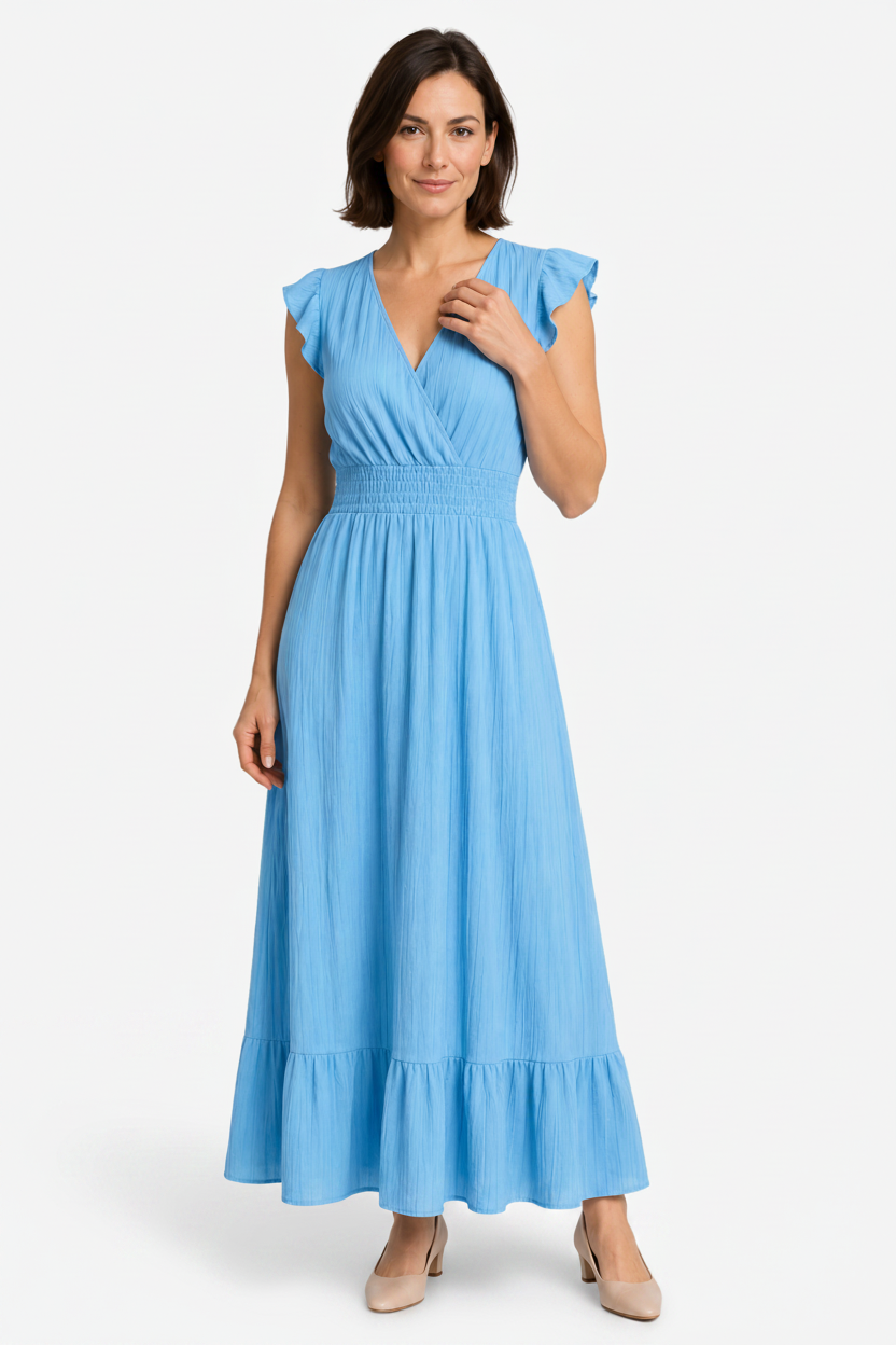 VALERIQUE | Robe longue vert sauge à col cache-cœur et manches courtes volantées pour usage quotidien