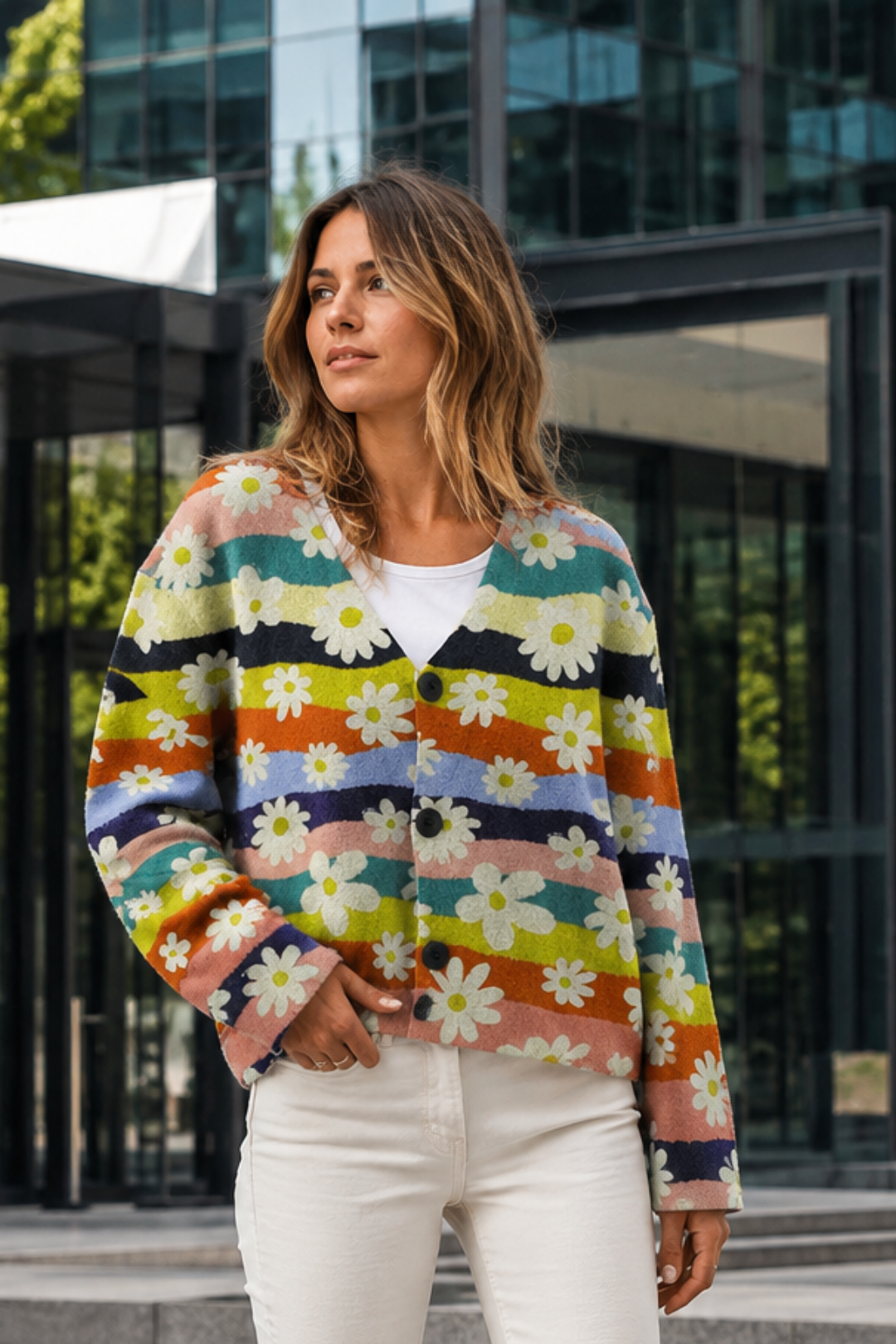 VALERIQUE | Cardigan Fleuri pour Femme – Col en V Fermeture Boutonnée Design Décontracté