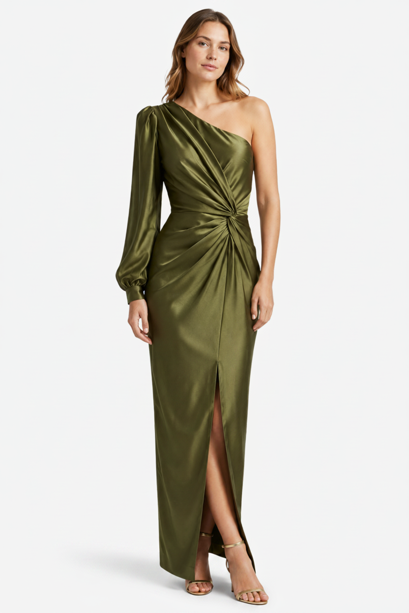 VALERIQUE | Femme Robe longue asymétrique manche longue coupe ajustée détail drapé style fluide