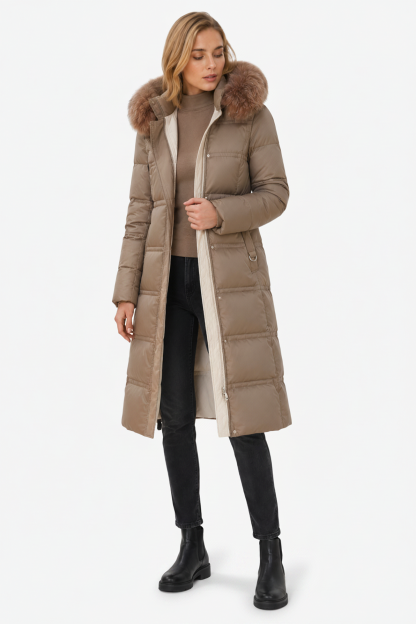 VALERIQUE | Manteau d'hiver long matelassé pour femmes – Taille cintrée et capuche bordée