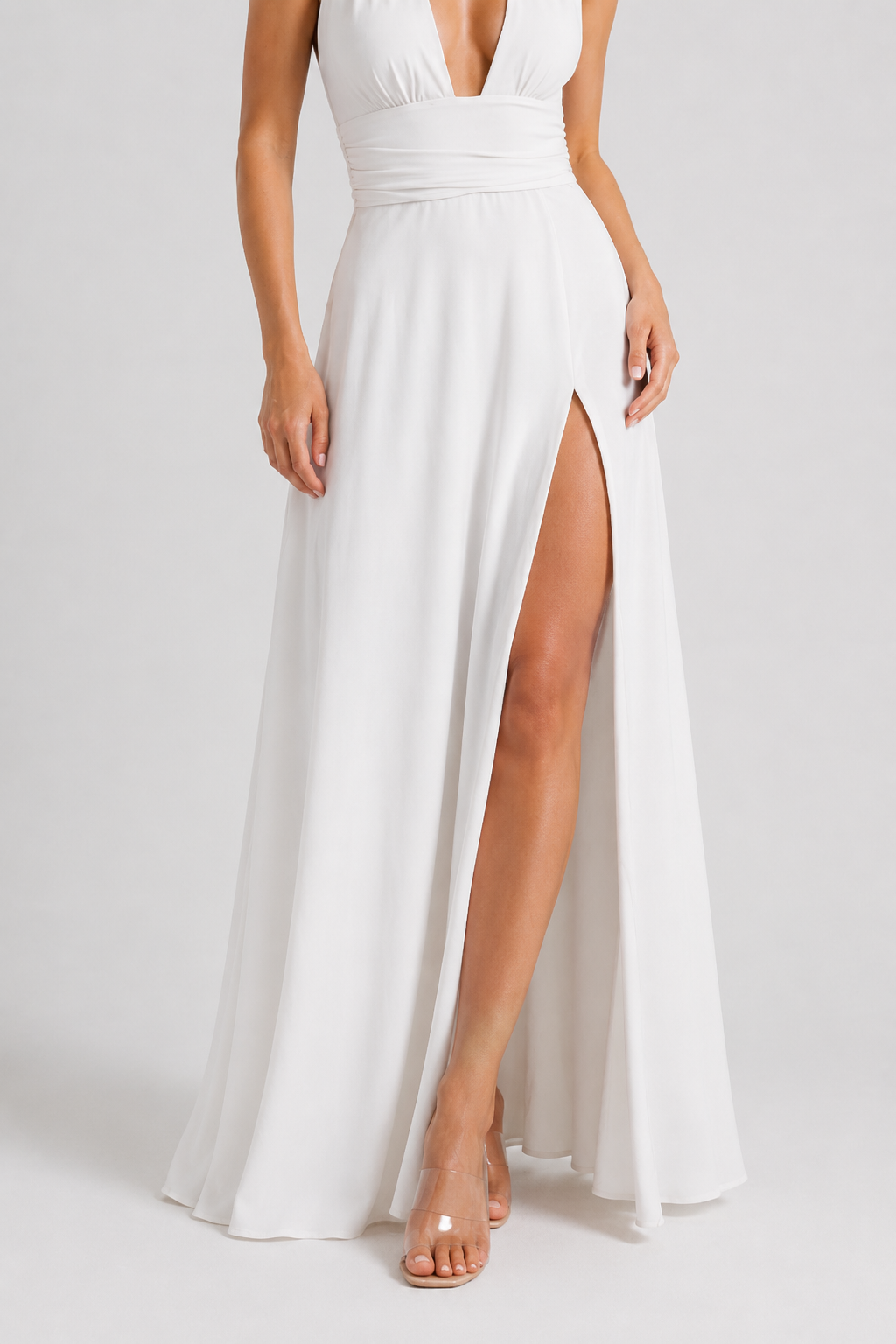 VALERIQUE | Femme Robe Longue Formelle en Mélange de Coton Blanc, Rose et Noir, Décolleté Plongeant, Bretelles Halter