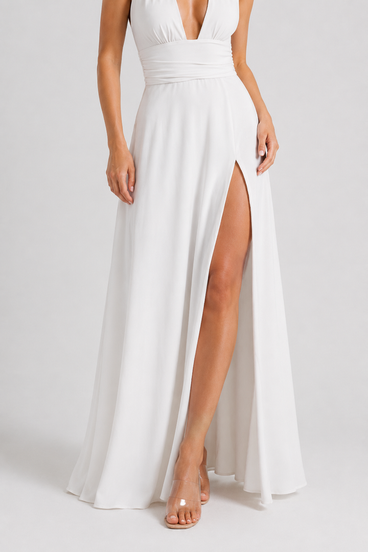 VALERIQUE | Femme Robe Longue Formelle en Mélange de Coton Blanc, Rose et Noir, Décolleté Plongeant, Bretelles Halter