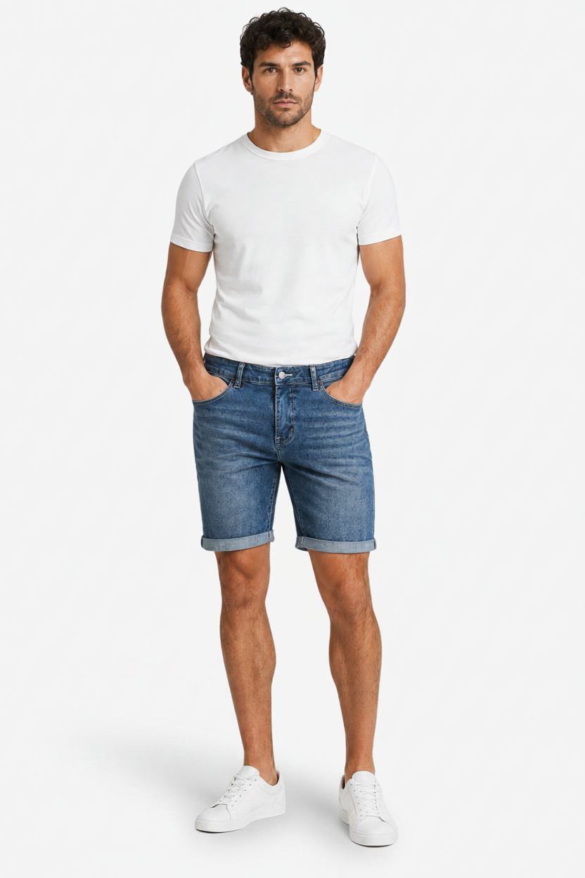 VALERIQUE | Homme short en jean bleu avec ourlets retroussés coupe ajustée pour usage quotidien