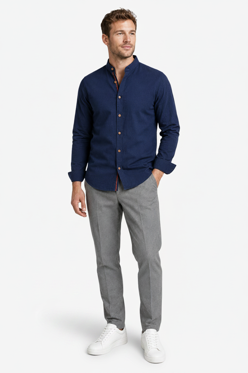VALERIQUE | Homme Chemise en coton coupe ajustée manches longues col officier style décontracté