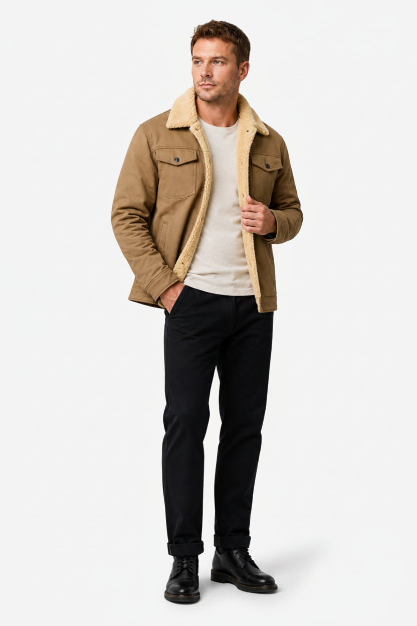 VALERIQUE | Veste Vintage pour Homme – Doublure Sherpa Fermeture Boutonnée Design Utilitaire