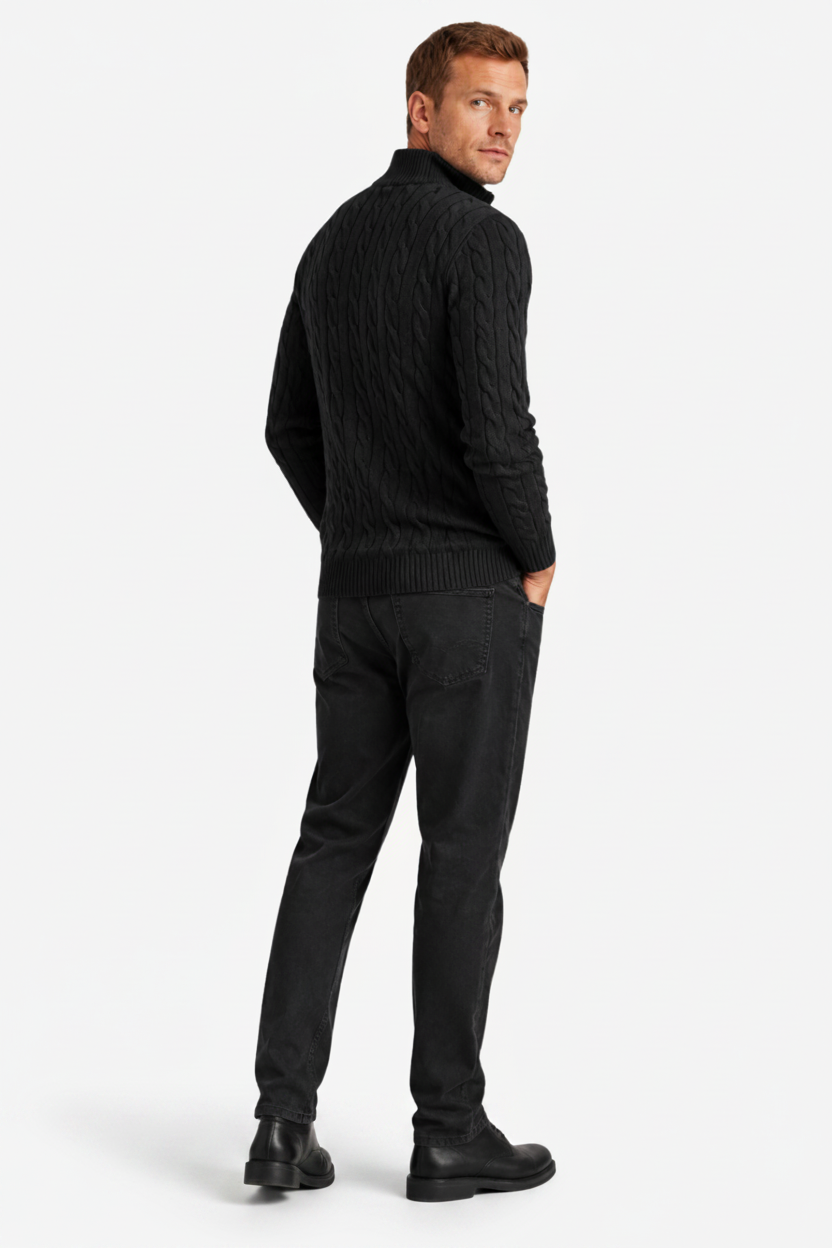 VALERIQUE | Pull en Maille Torsadée pour Homme – Col Montant Fermeture Quart de Zip