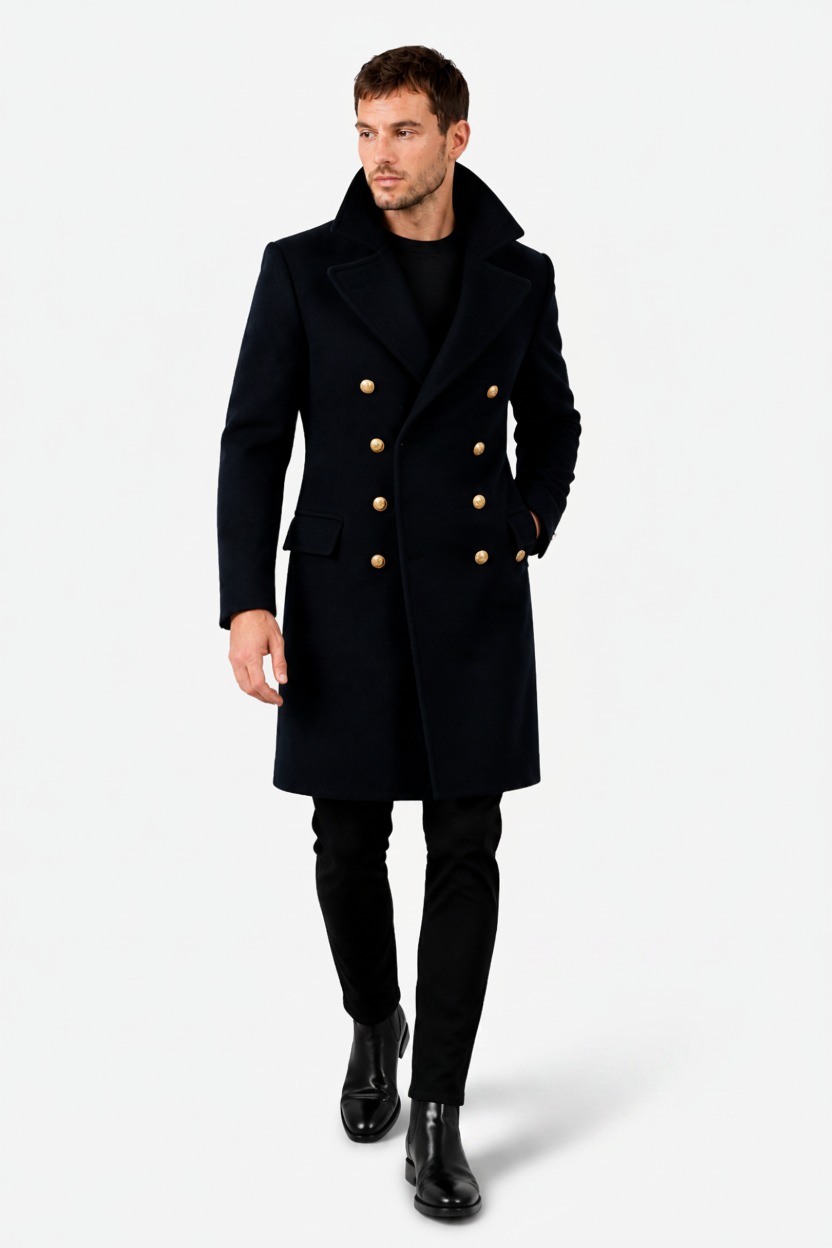 VALERIQUE | Manteau Long Croisé pour Homme – Col à Revers et Fermeture Boutonnée