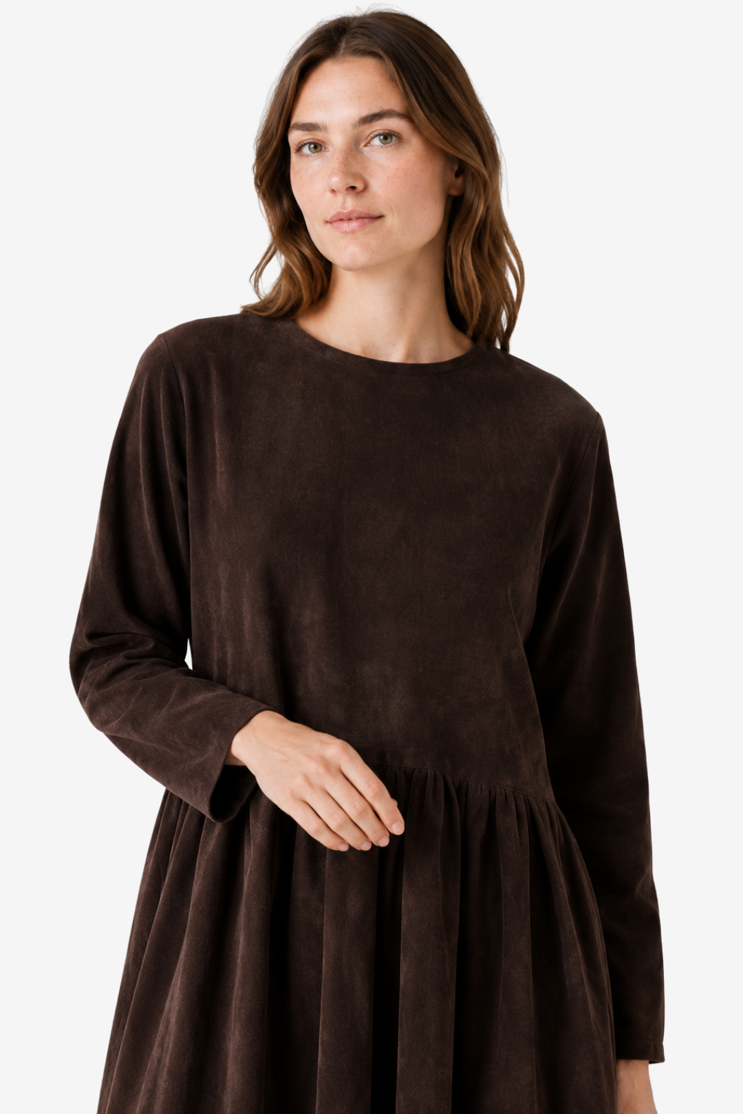 VALERIQUE | Robe Midi Plissée pour Femme – Col Rond Coupe Décontractée Manches Longues