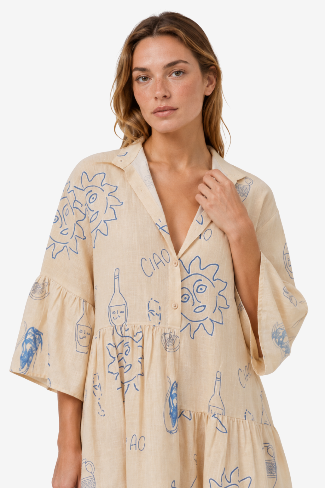 VALERIQUE | Femme Robe Décontractée A-Line en Mélange de Coton Beige, Imprimé, Manches Larges à Volants