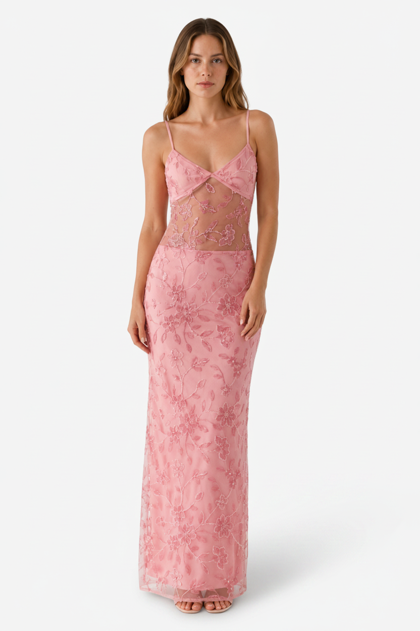VALERIQUE | Robe Longue Brodée Transparente pour Femme – Bretelles Fines et Coupe Ajustée