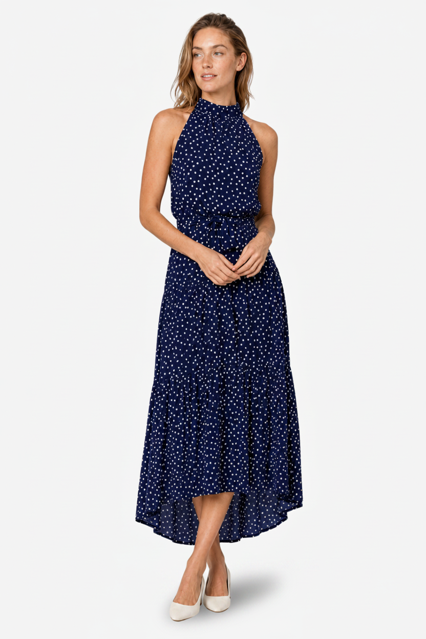VALERIQUE | Robe Longue à Pois en Coton Léger pour Femme – Col Halter et Taille Nouée