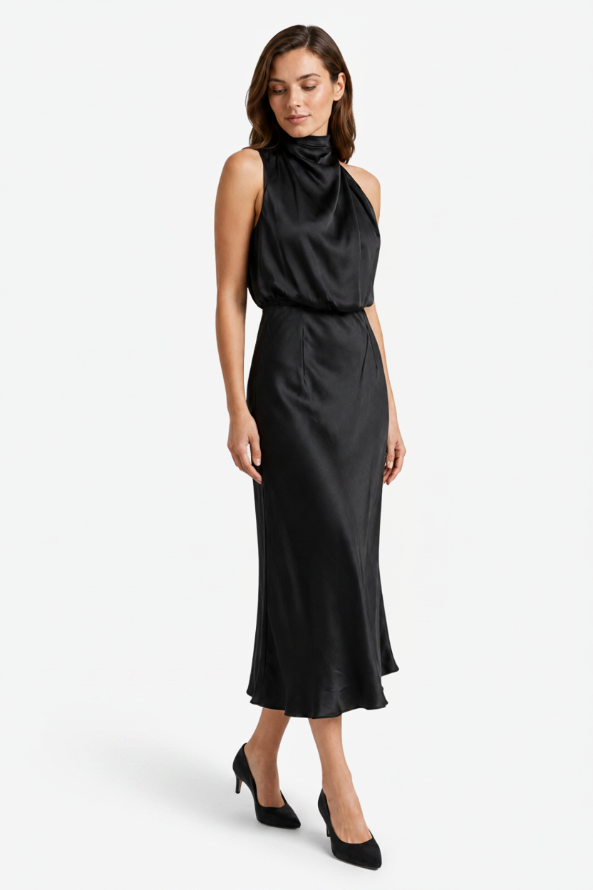 VALERIQUE | Femme Robe midi sans manches coupe ajustée col drapé style fluide