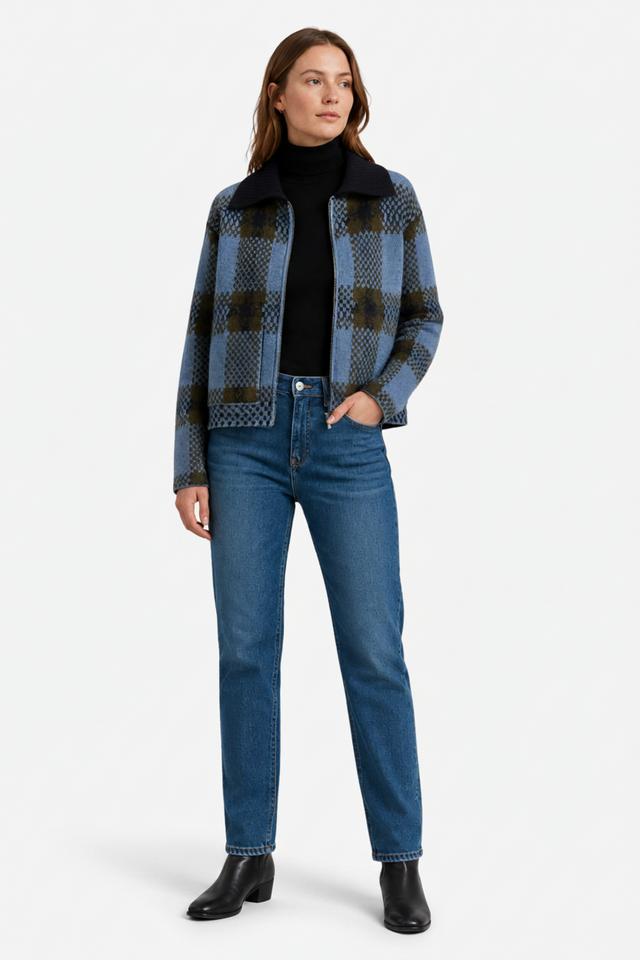 VALERIQUE | Veste Zippée Tricotée à Carreaux pour Femme – Col Revers