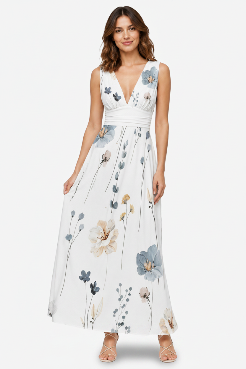 VALERIQUE | Femme Robe longue imprimé floral coupe évasée col V sans manches style décontracté