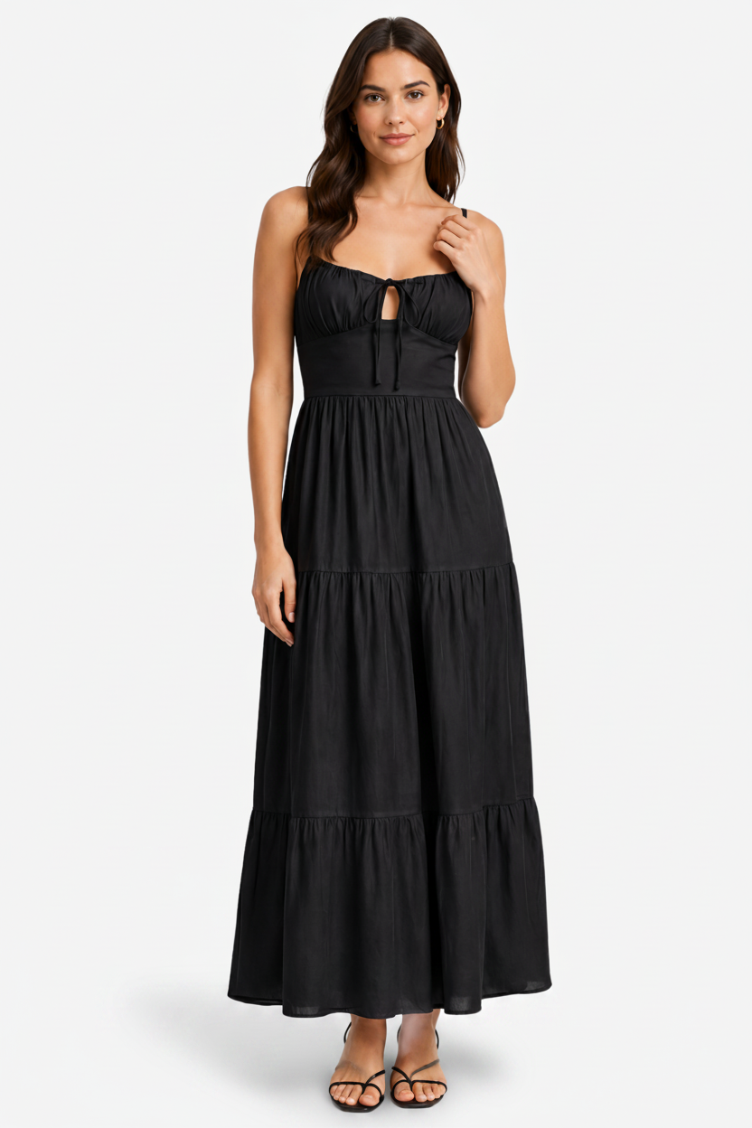 VALERIQUE | Femme Robe Maxi Décontractée en Mélange de Coton Blanc et Noir, Bretelles Fines, Col en V Profond