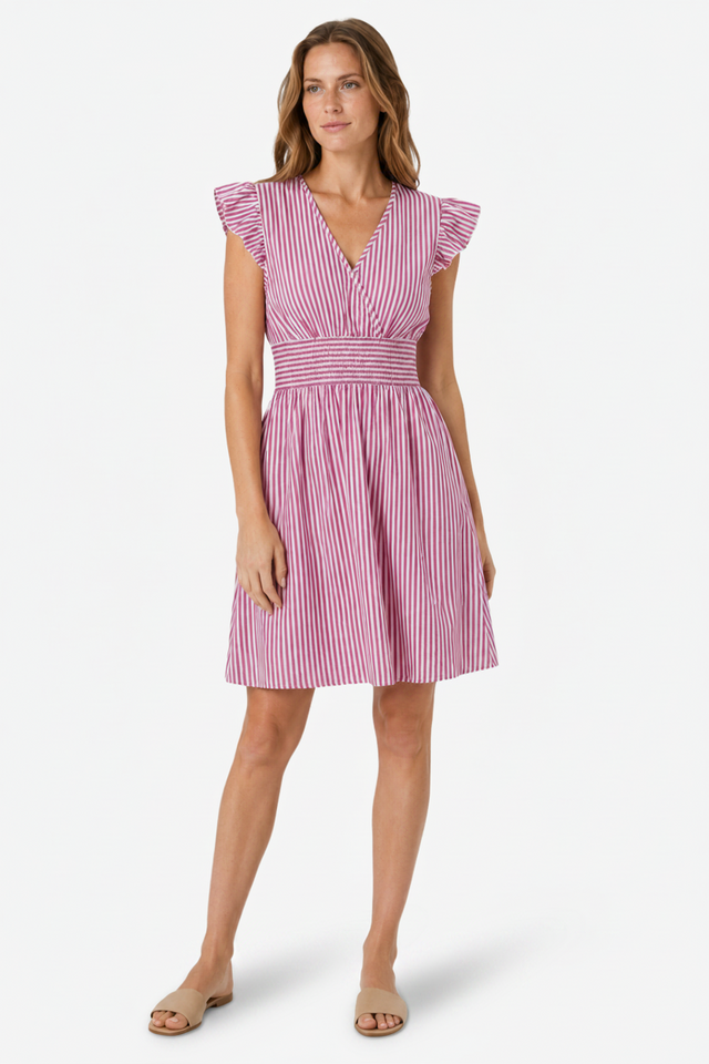 VALERIQUE | Femme Robe Décontractée à Rayures en Mélange de Coton, Col en V Profond, Manches Volantées
