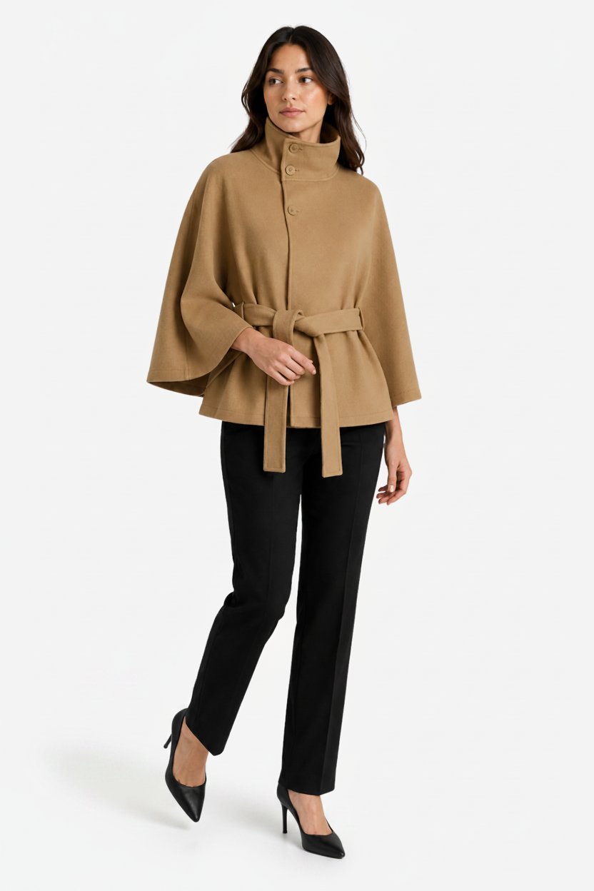 VALERIQUE | Manteau Cape Ceinturé pour Femme – Col Haut Manches Larges Design Structuré