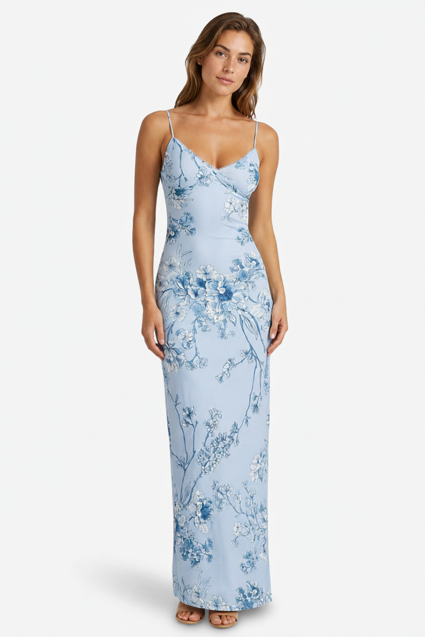 VALERIQUE | Femme Robe longue à fines bretelles coupe ajustée imprimé floral style fluide