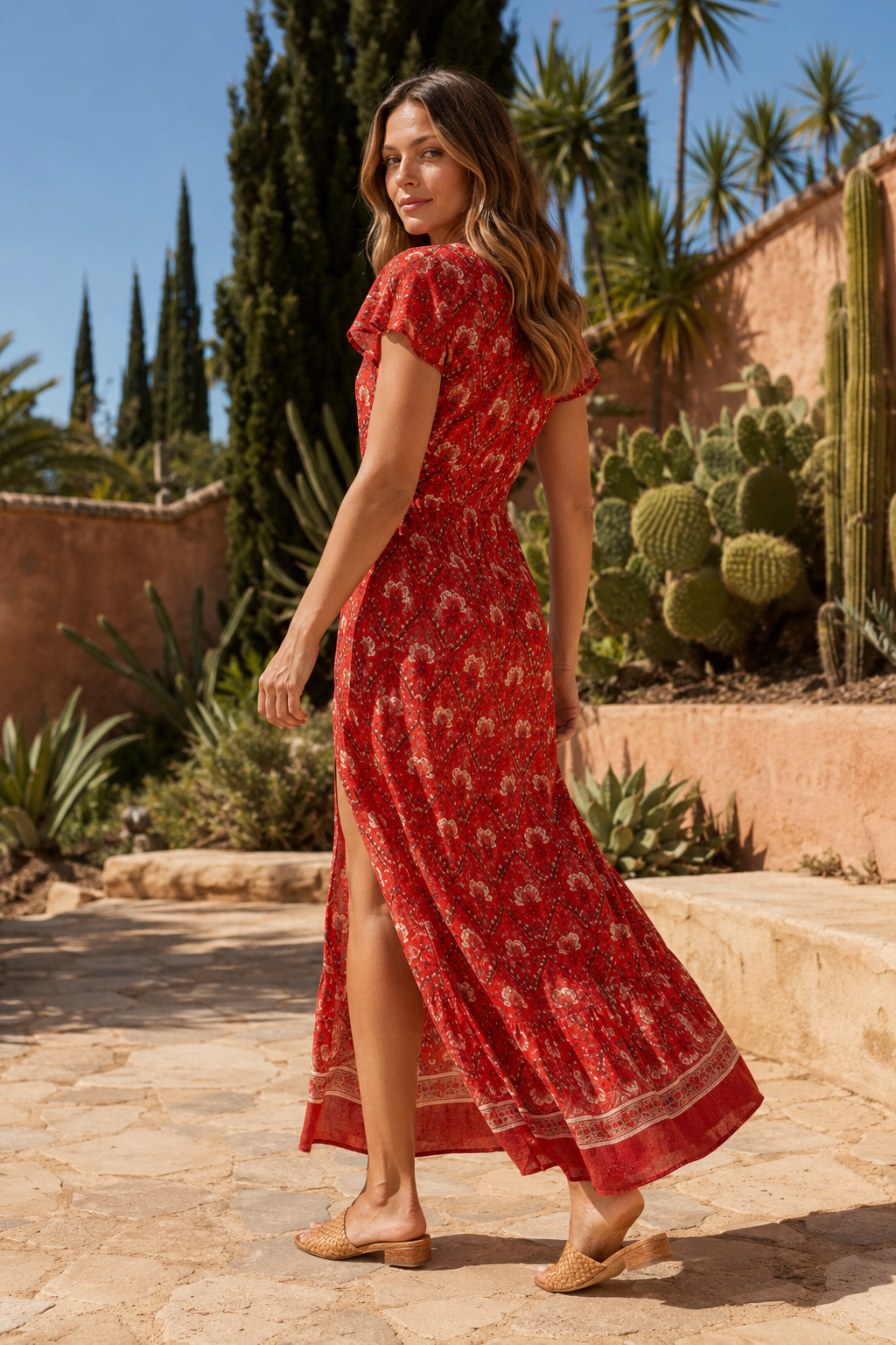 VALERIQUE | Robe Bohème Col V pour Femme – Manches Courtes et Fente