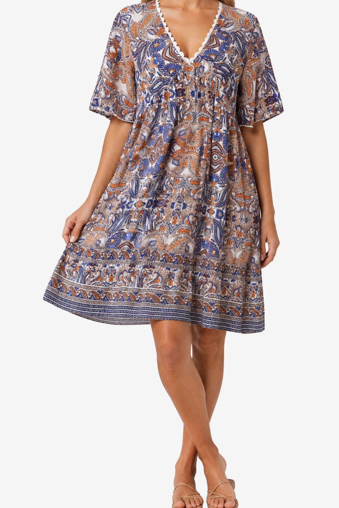 VALERIQUE | Femme Robe Boho Décontractée en Mélange de Coton Bleu et Jaune, Manches Courtes, Col en V Profond