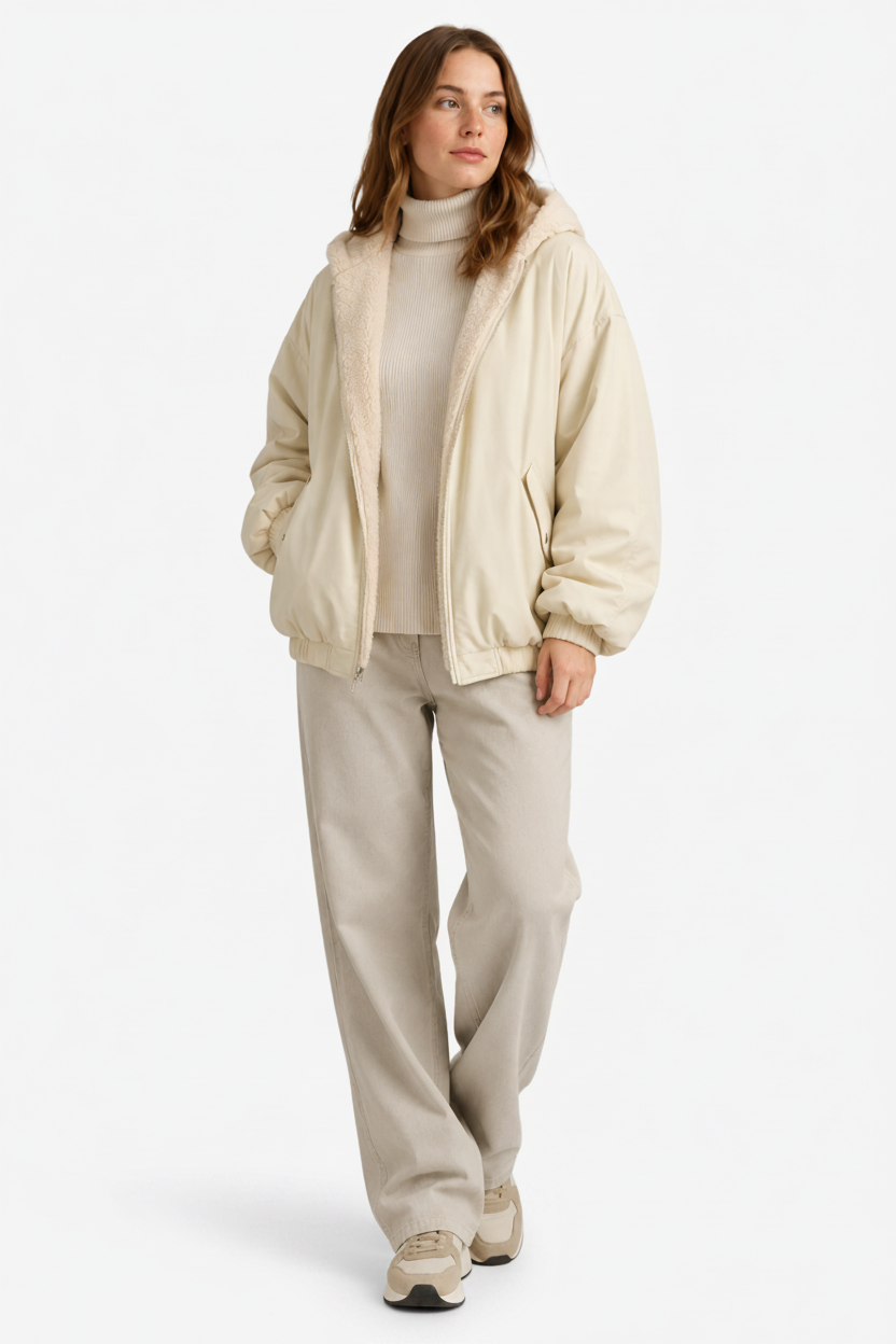 VALERIQUE | Veste Double Couche pour Femme – Capuche Doublure Pelucheuse Design Décontracté