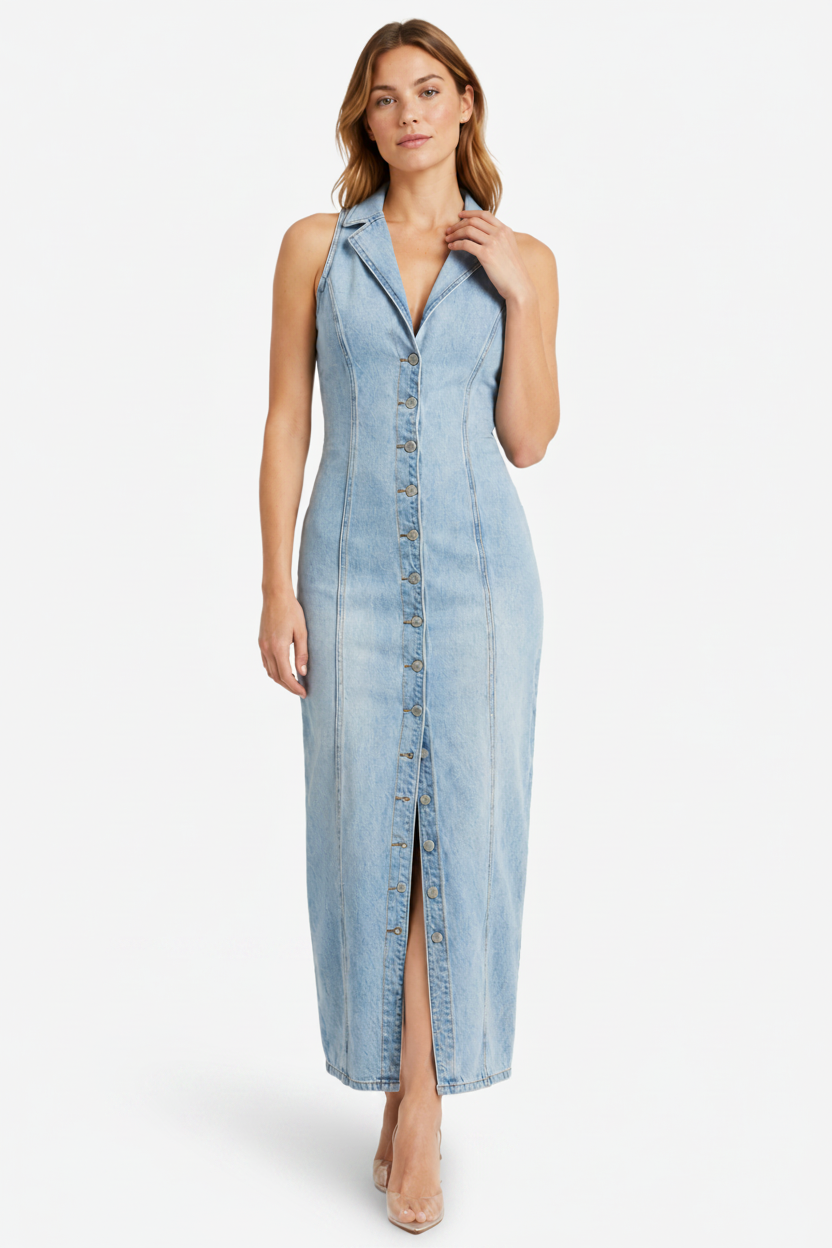 VALERIQUE | Robe Maxi Denim pour Femme – Sans Manches et Boutonnée