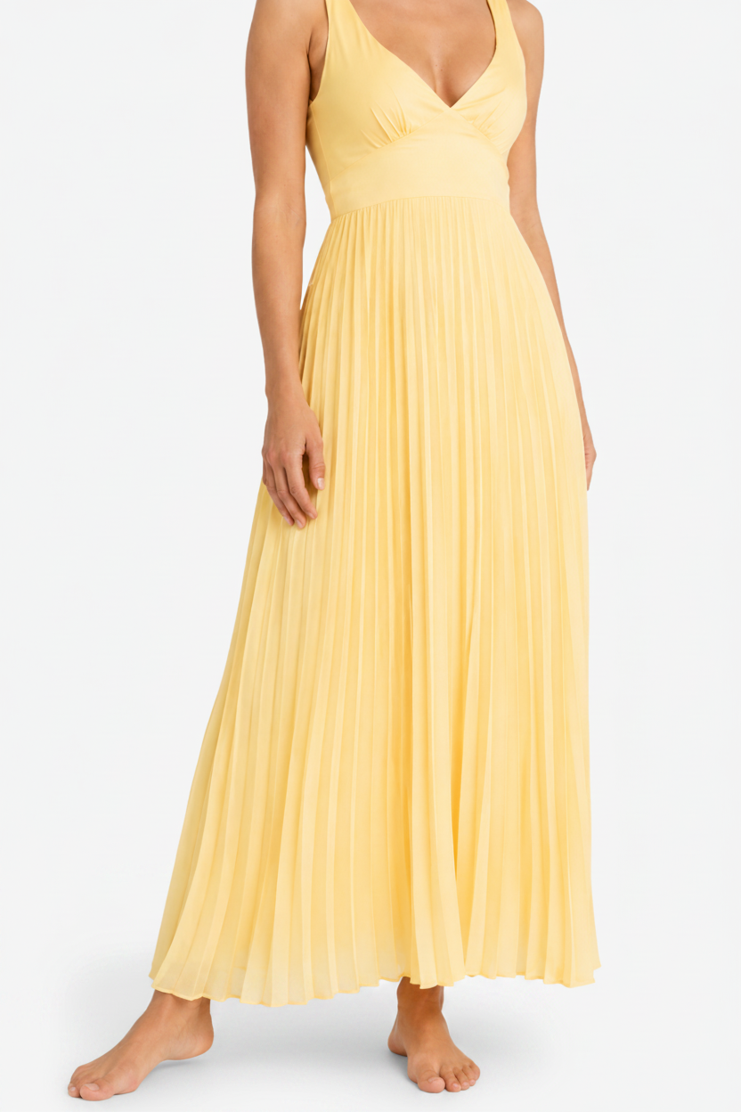 VALERIQUE | Robe Maxi Plissée Jaune pour Femme – Col V et Sans Manches