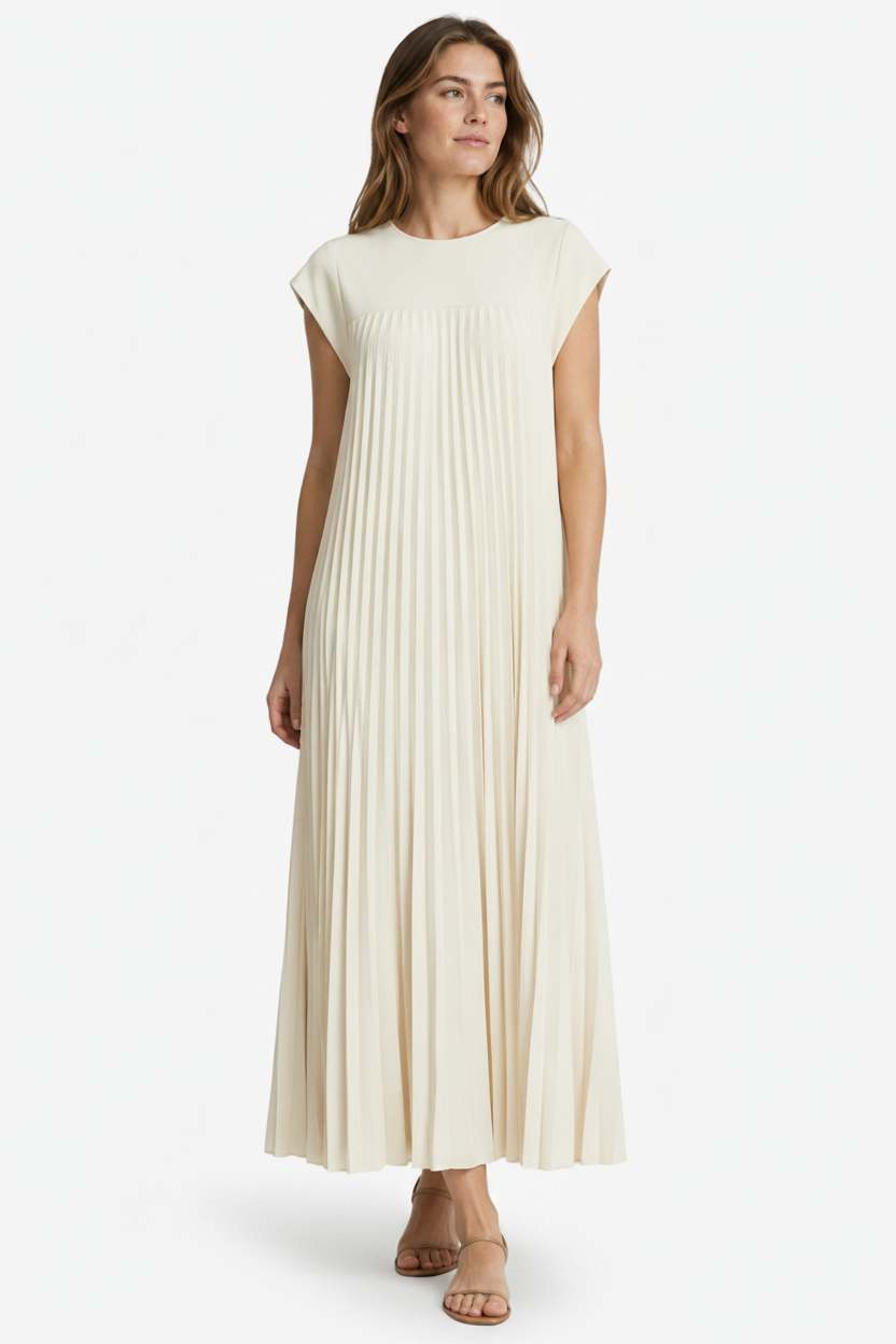 VALERIQUE | Femme Robe midi plissée coupe ample manches courtes style décontracté