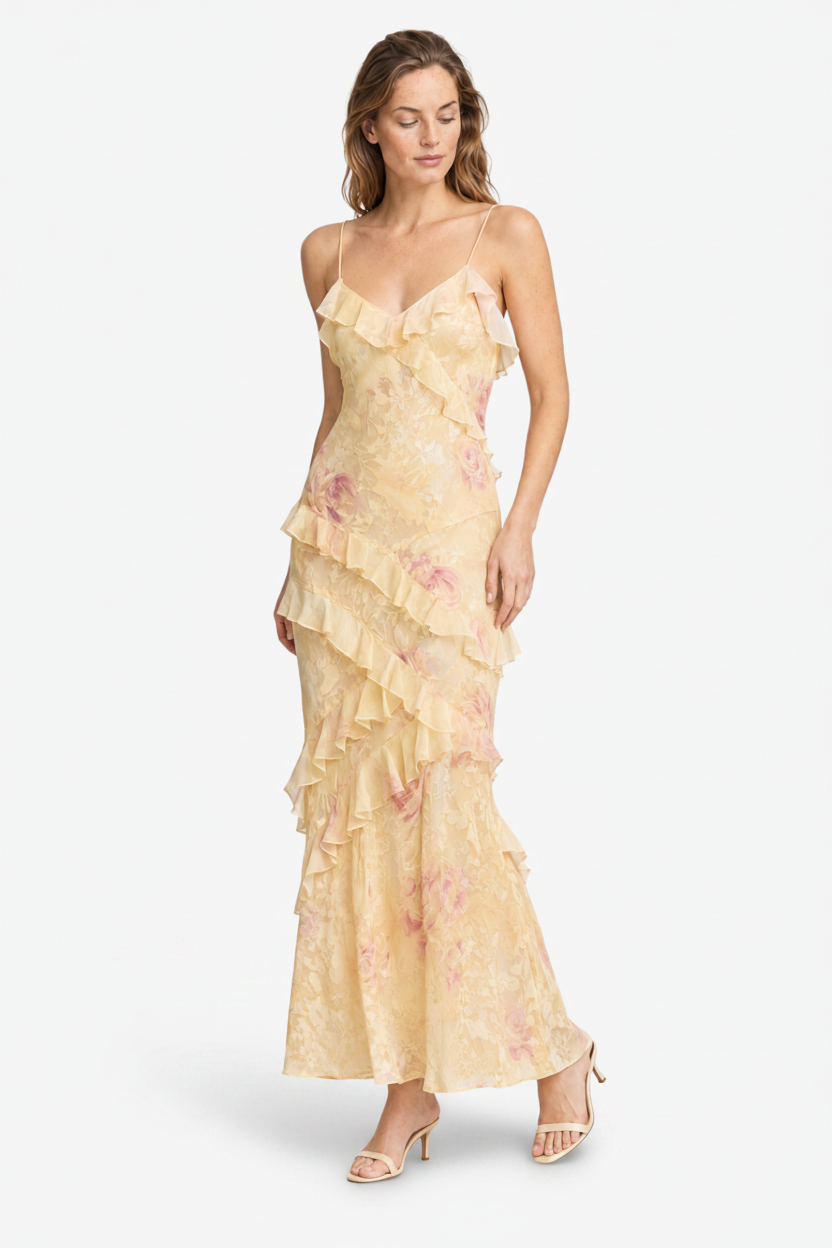 VALERIQUE | Robe Longue en Coton Léger à Volants pour Femme – Bretelles Fines