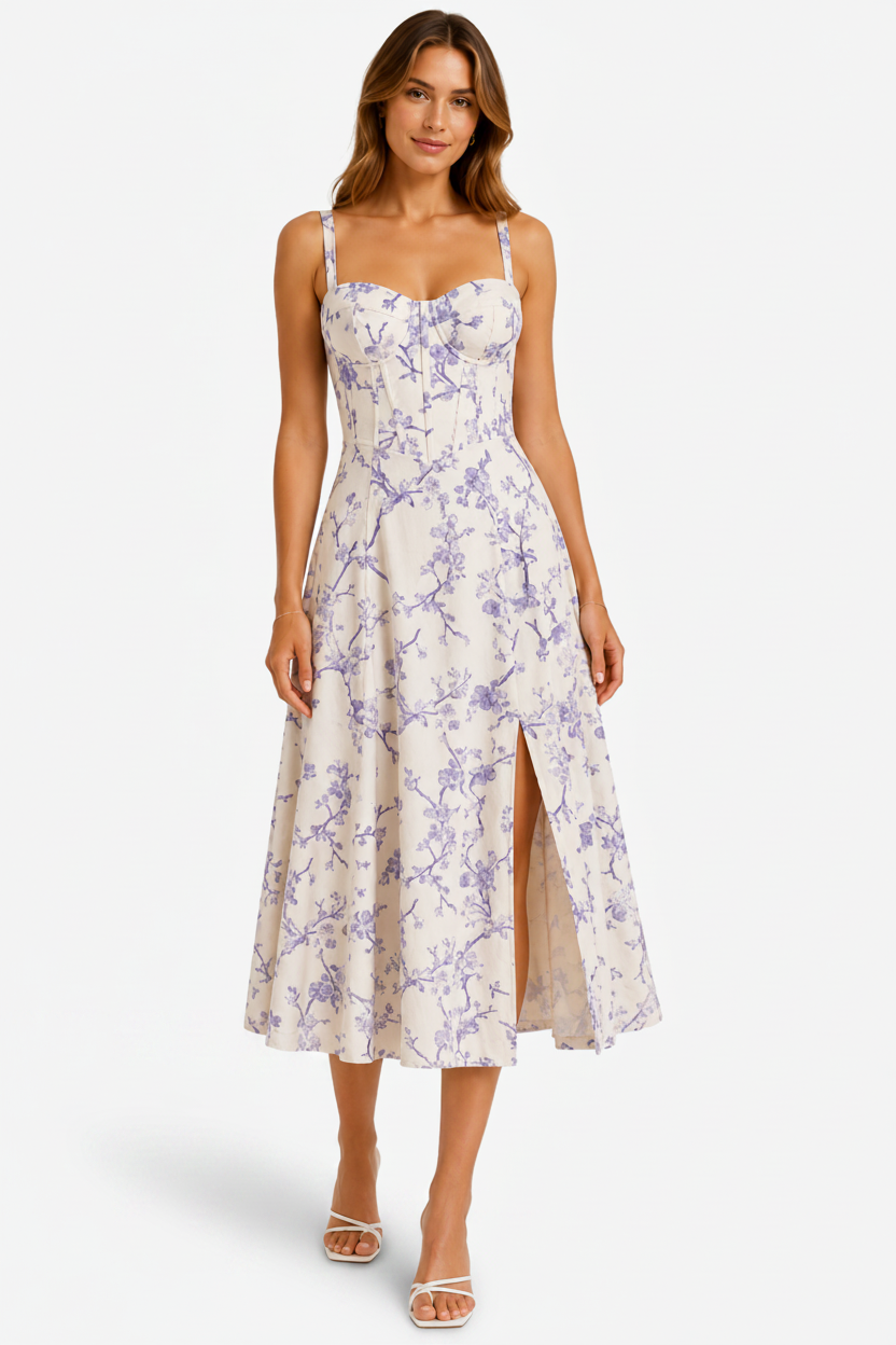 VALERIQUE | Robe midi beige à imprimé floral avec bretelles fines et fente latérale pour usage estival