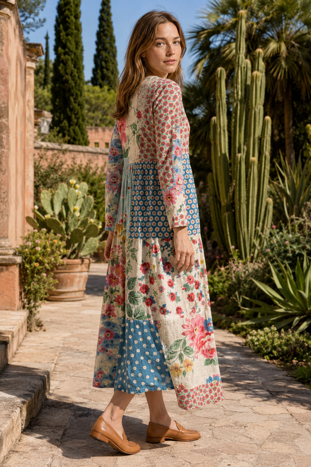VALERIQUE | Femme Robe A-Line Patchwork Fleurie pour- Bleu Clair