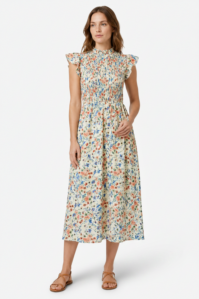 VALERIQUE | Robe Midi Fleurie pour Femme – Taille Smockée