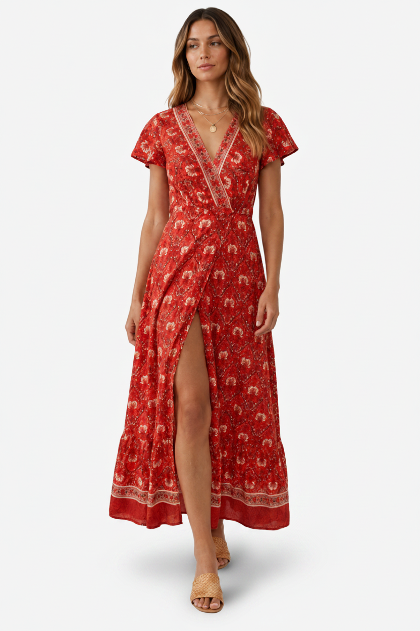 VALERIQUE | Robe Bohème Col V pour Femme – Manches Courtes et Fente