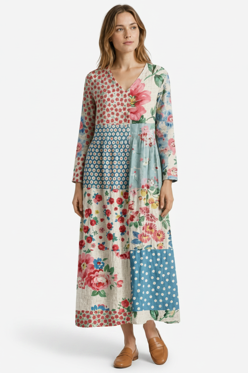 VALERIQUE | Femme Robe A-Line Patchwork Fleurie pour- Bleu Clair
