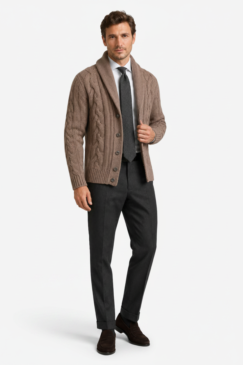 VALERIQUE | Cardigan en Maille Torsadée pour Homme – Col Châle Fermeture Boutonnée