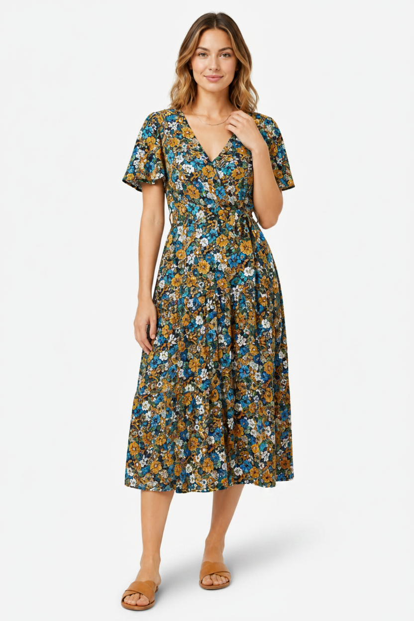 VALERIQUE | Robe Midi Fleurie pour Femme – Manches Courtes et Boutonnée