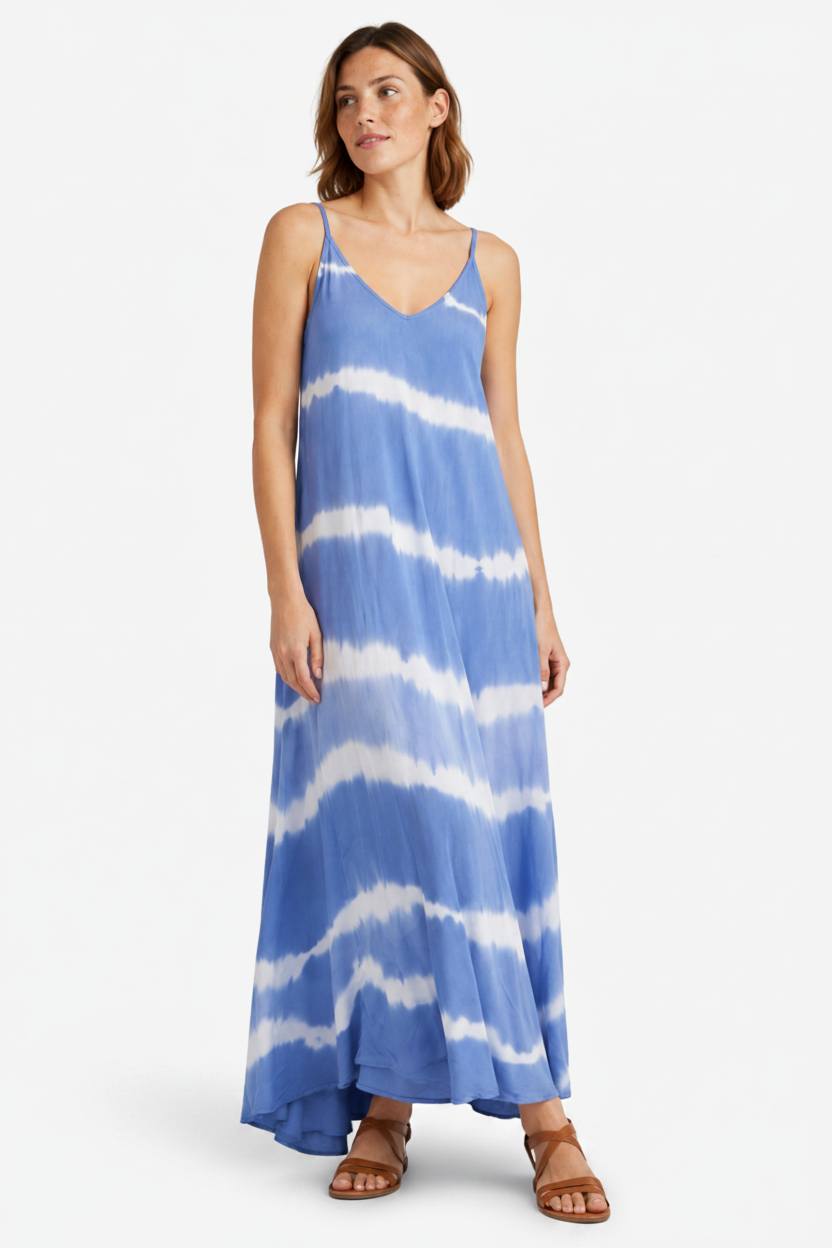 VALERIQUE | Femme Robe Maxi Décontractée Tie-Dye en Mélange de Coton Bleu et Gris, Bretelles Fines, Col en V Profond