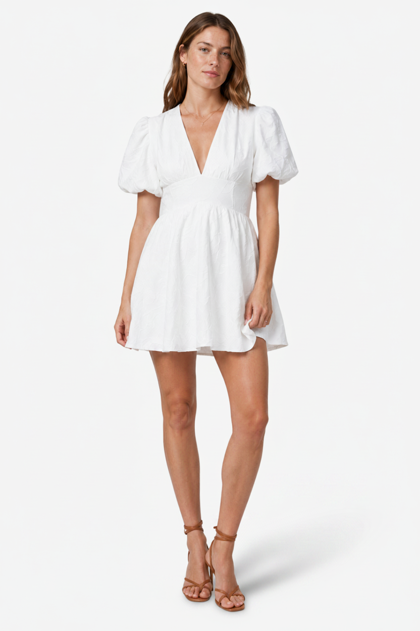 VALERIQUE | Robe Courte pour Femme – Manches Bouffantes et Col V