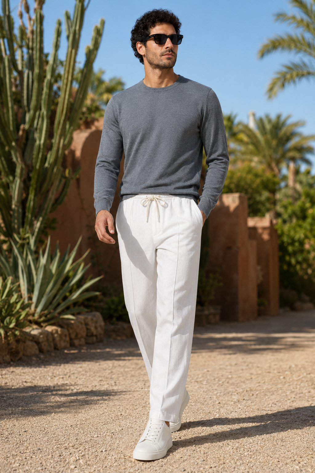 VALERIQUE | Homme Pantalon Décontracté en Mousseline - Taille Élastiquée avec Cordon de Serrage, Poches Latérales