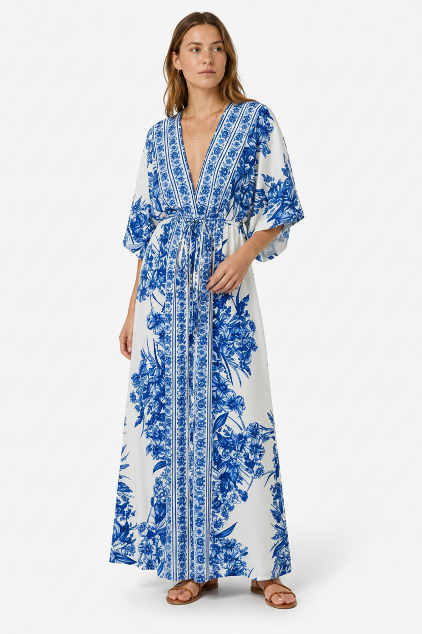 VALERIQUE | Robe Maxi Fleurie Bleue pour Femme – Manches Kimono