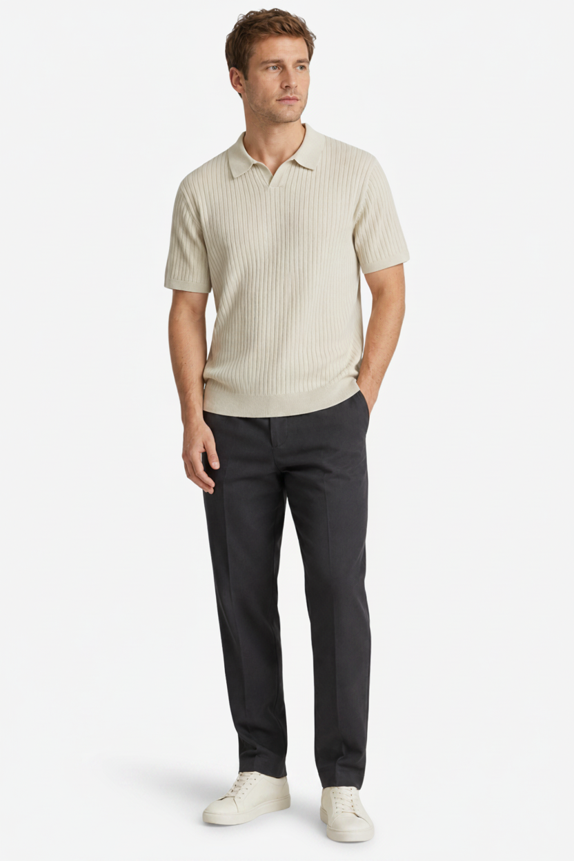 VALERIQUE | Polo en Maille Fine Côtelée en Coton pour Homme – Col Ouvert Décontracté