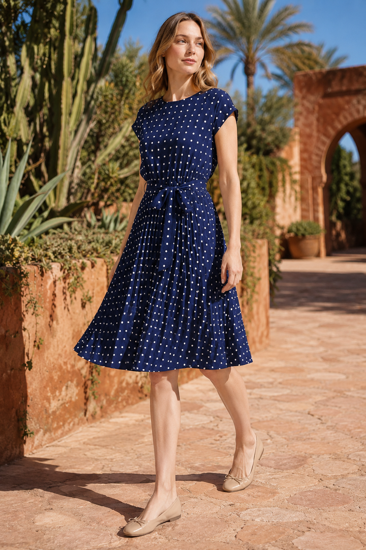 VALERIQUE | Femme Robe Décontractée A-Line en Mélange de Coton Bleu et Vert, Manches Courtes, Ceinture à Nouer