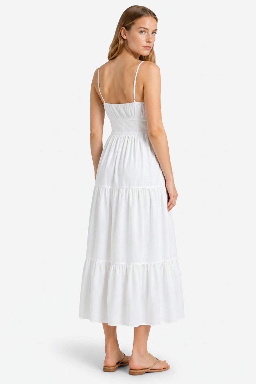 VALERIQUE | Femme Robe Maxi Décontractée en Mélange de Coton Blanc et Noir, Bretelles Fines, Col en V Profond